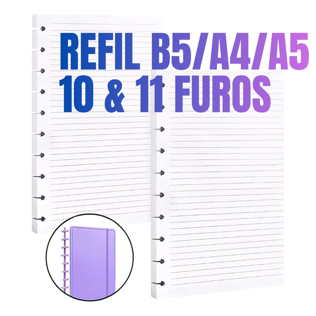 Kits A4/B5/A5 Refil de Folhas com 11 10 Furos de Discos Pautadas para Caderno Universitário