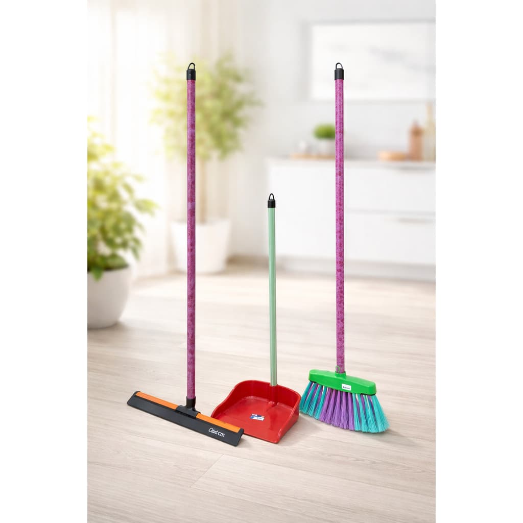 Kit Vassoura, Rodo Grande Duplo, Pá de Lixo Com Cabos 1,20M