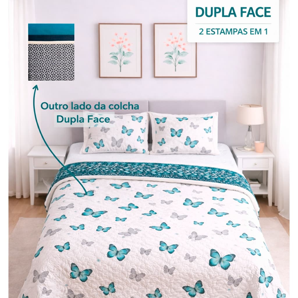 Kit Colcha Cobre Leito Casal Queen Dupla Face 2 Porta Travesseiros Estampada Matelado