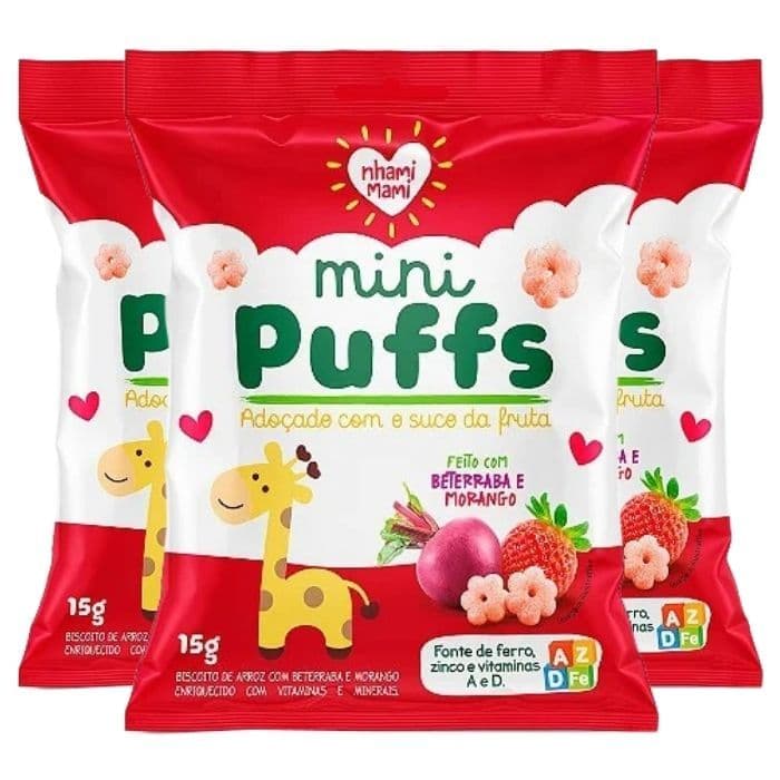 Biscoito de Arroz Mini Puffs Beterraba e Morango Zero Glúten, Integral Nhami Mami contendo 3 pacotes de 15g cada