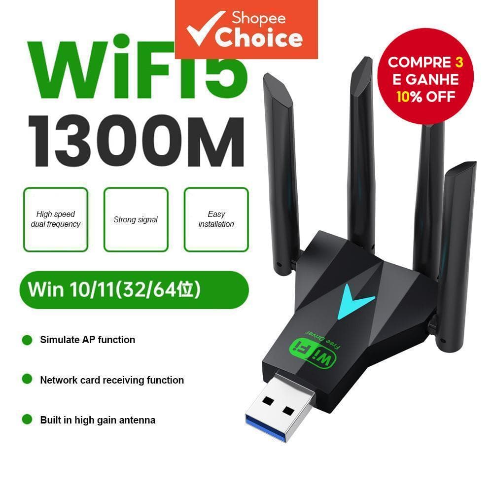  Adaptador USB Wifi 1300Mbps com 4 Antenas, Placa de Rede Sem Fio de Banda Dupla 2.4G 5Ghz para Windows XP, 8, 10, 11