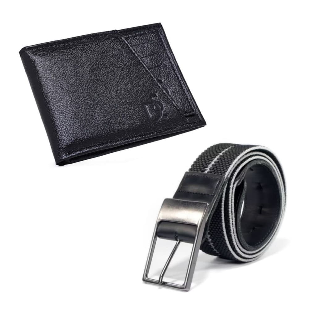 Kit Carteira Masculina Em Couro Grande Cabe CNH Cartoes e Cinto Elastano Tecido Confortavel