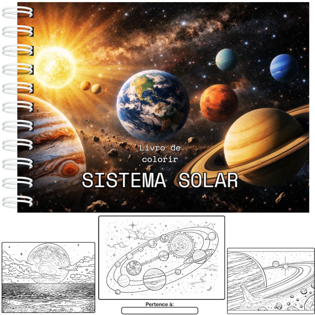 Livro de Colorir Educativo Sistema Solar Planetas Capa Dura A5 50 Folhas 180g + Acetato