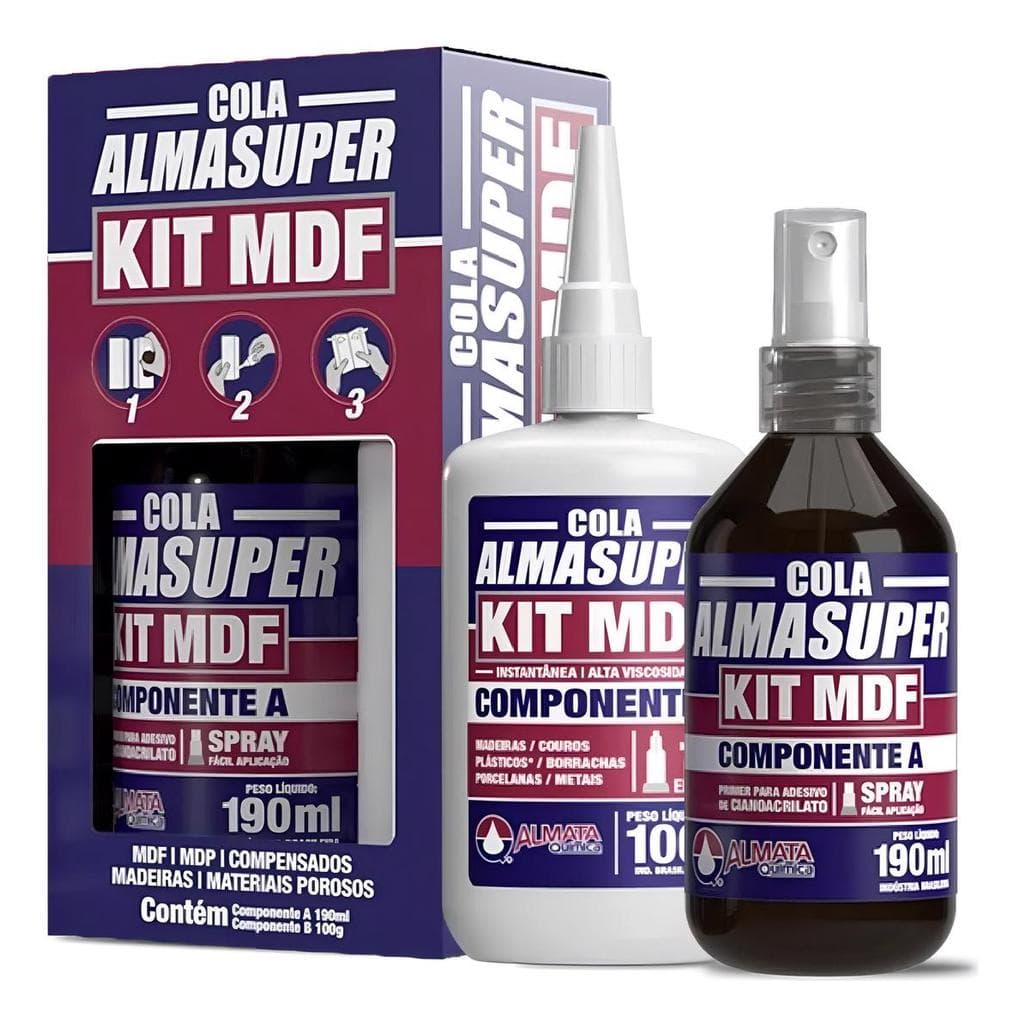 KIT MDF ALMASUPER COLA INSTANTÂNEA 100G + CATALISADOR ACELERADOR 190ML
