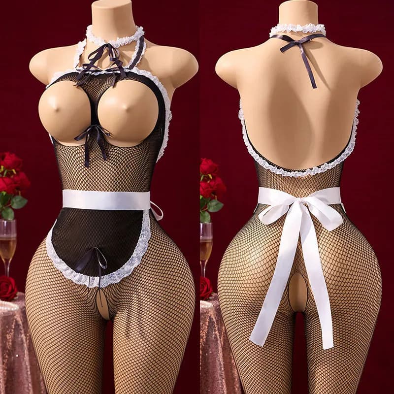 Cosplay Sexo Boneca Traje Completo Aberto Sutiã Negrito Lingerie Sexy Meias Cama Uniforme De Empregada Conjunto Inclui A
