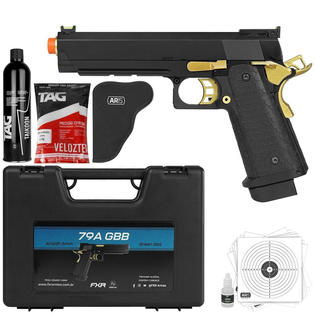 Kit Pistola Airsoft 1911 Gold GBB 6mm Blowback BBs Coldre