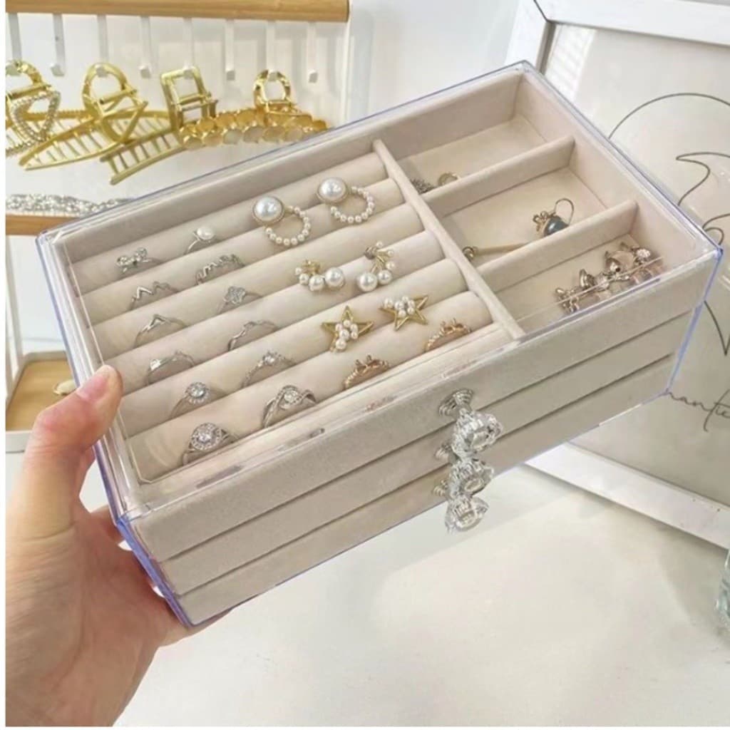 Caixa de joias de luxo com três camadas de veludo acrílico, ideal para guardar brincos, anéis, colares e pulseiras.