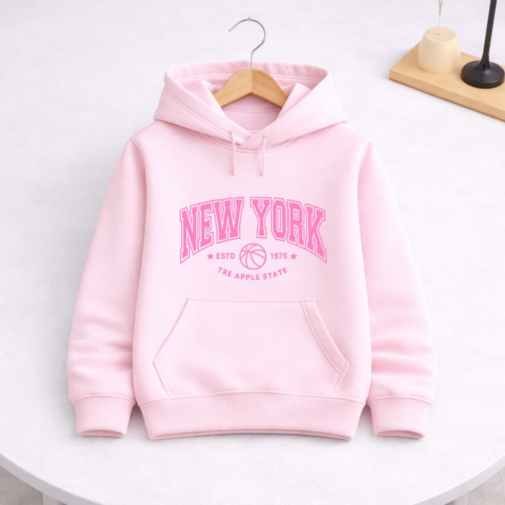 Moletom Infantil Canguru Flanelado Com Capuz Quentinho Estampa New York Rosa