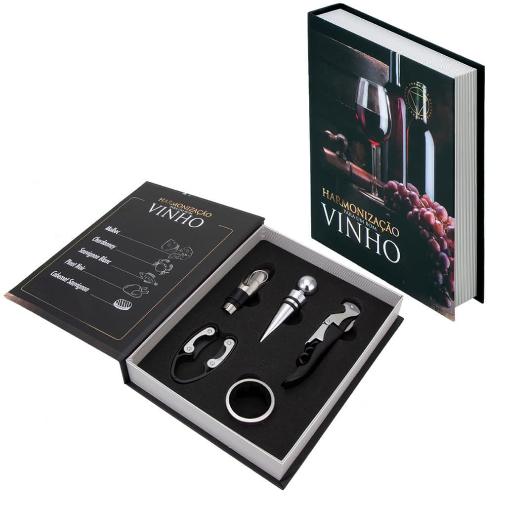 Kit 5 Peças Vinho Luxo Abridor Saca Rolhas Tampa Dosador Livro decorativo presente