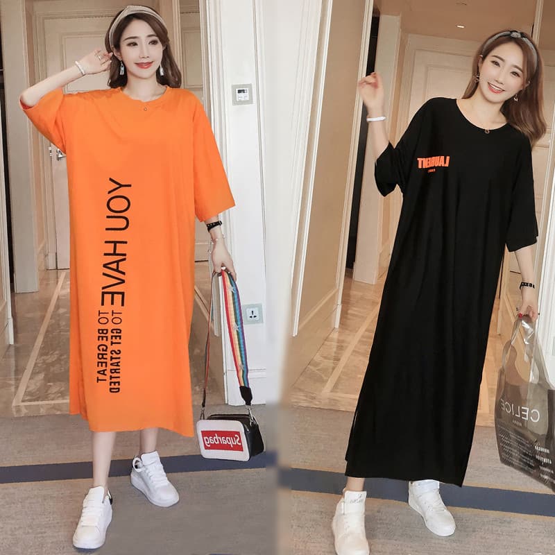 Verão de manga curta senhoras solto Plus Size vestido carta camisola sobre o joelho longo vestido longo mulheres grávida