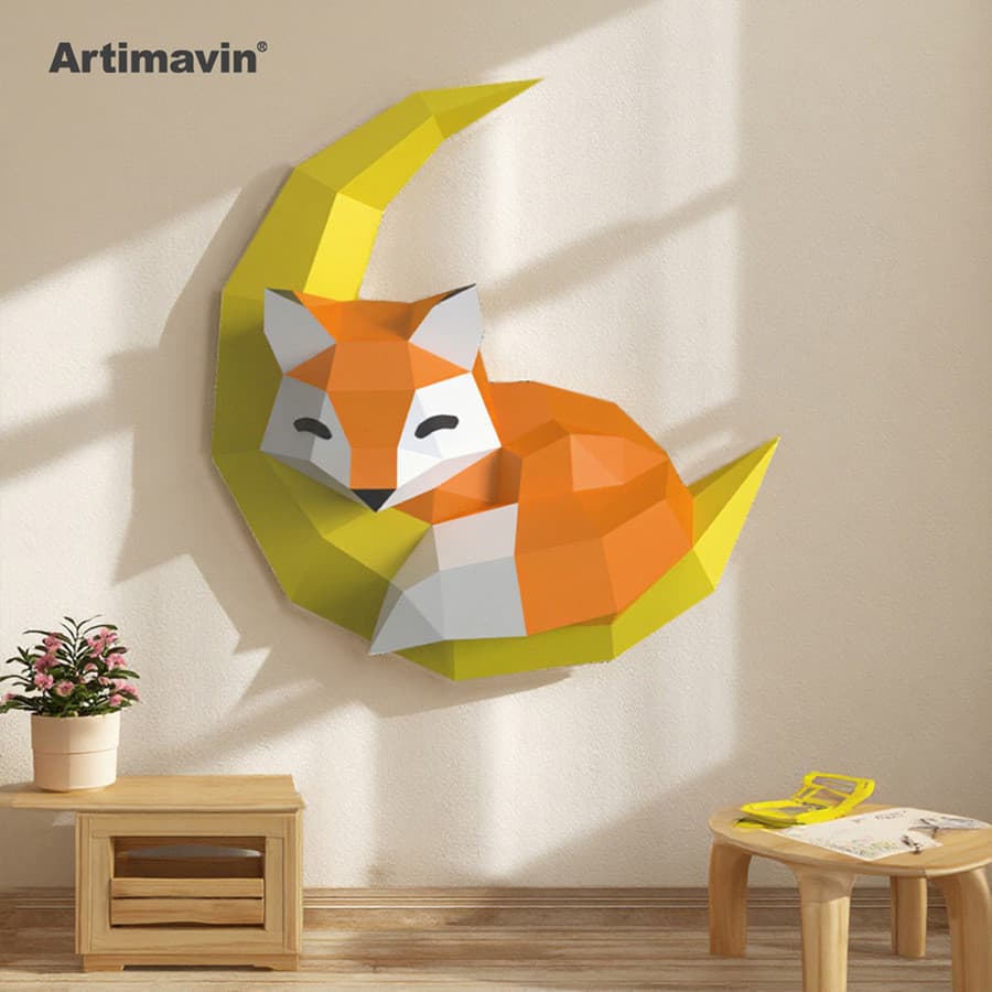 MOMO Molde de papel tridimensional Lua Raposa Artesanato de papel criativo Decoração de parede tridimensional Pendurado 