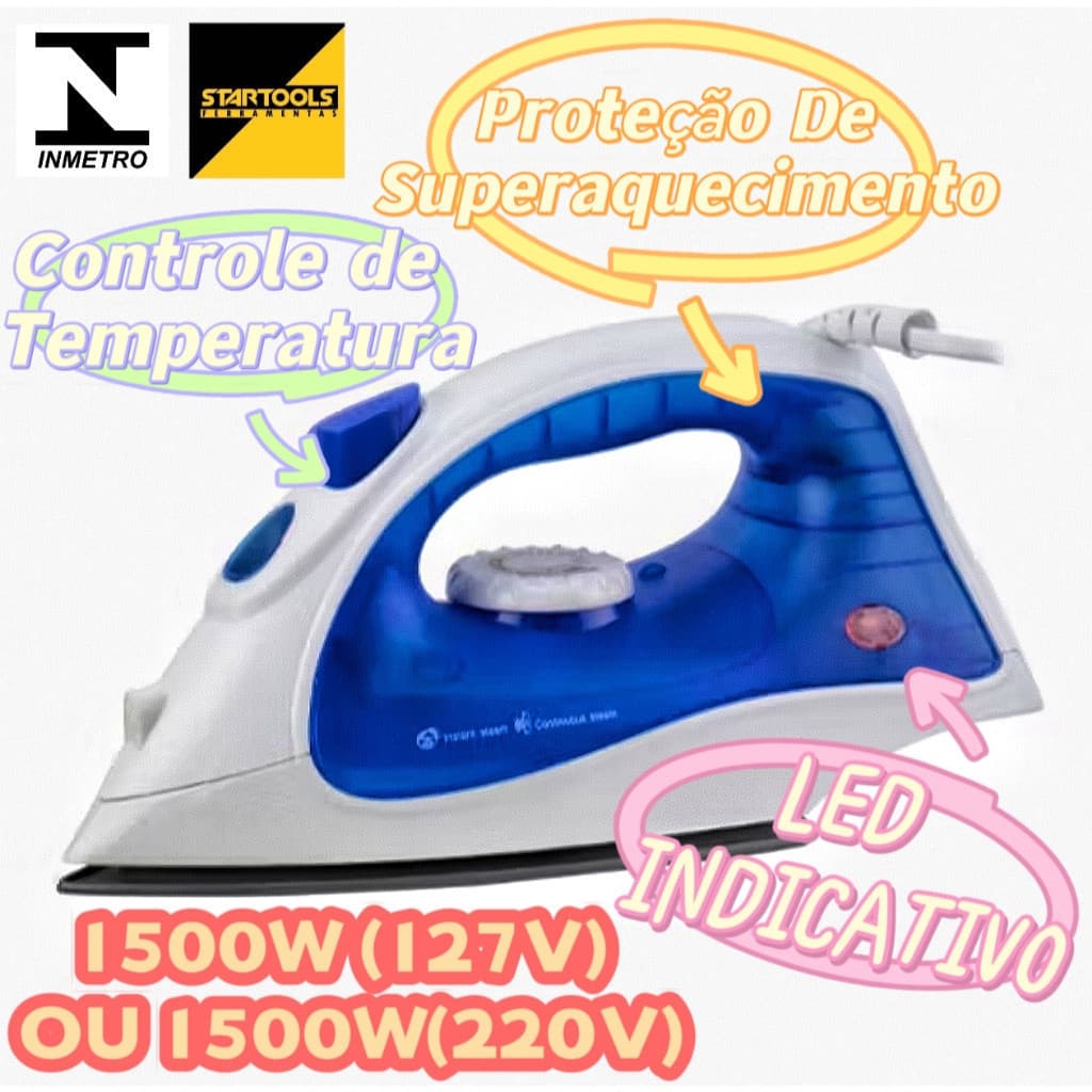 Ferro De Passar A Vapor Premium 127V OU 220V 1500W Com LED Indicativo