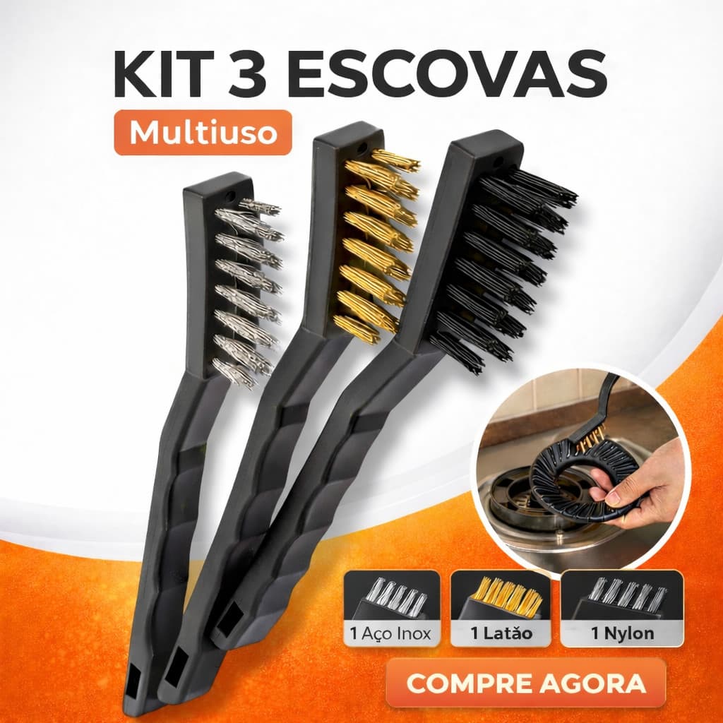 Kit Escovas de Aço Multiuso Latão e Nylon Para Limpeza Pesada Doméstica e Uso Profissional