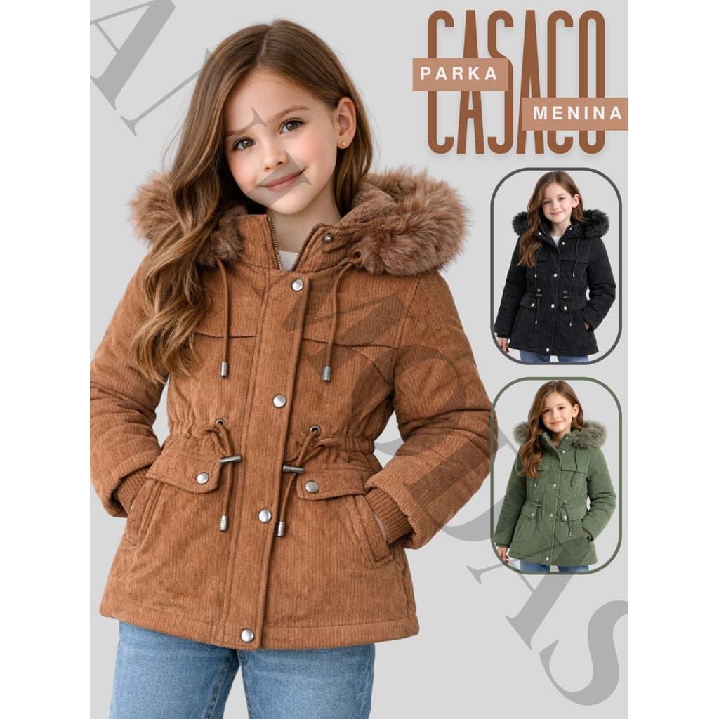 Jaqueta Parka Infantil Menina Juvenil Casaco Inverno com Zíper Estilosa