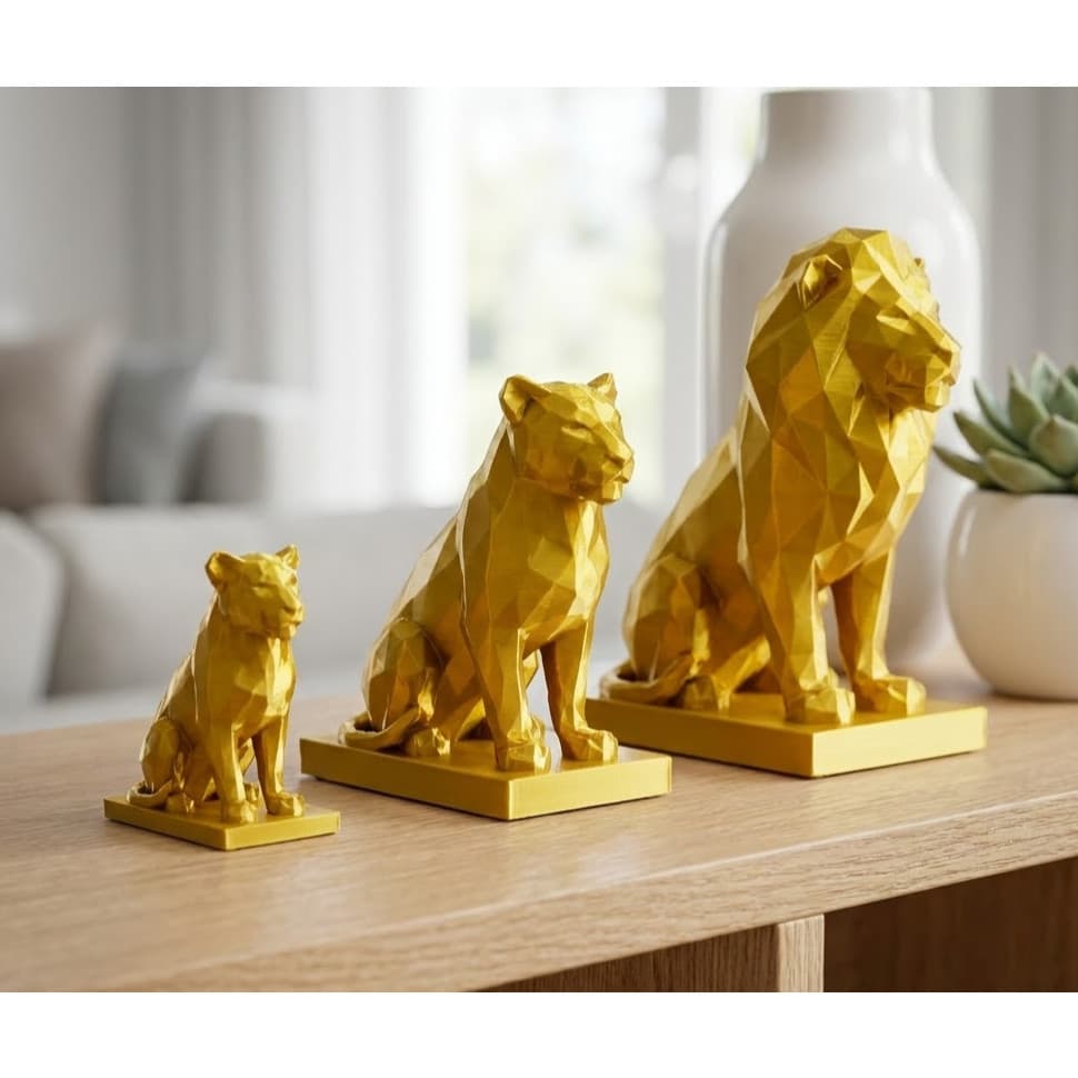 Kit Estatueta Leões Dourados Low Poly | 100% DOURADO Decoração Moderna Luxo | Impressão 3D