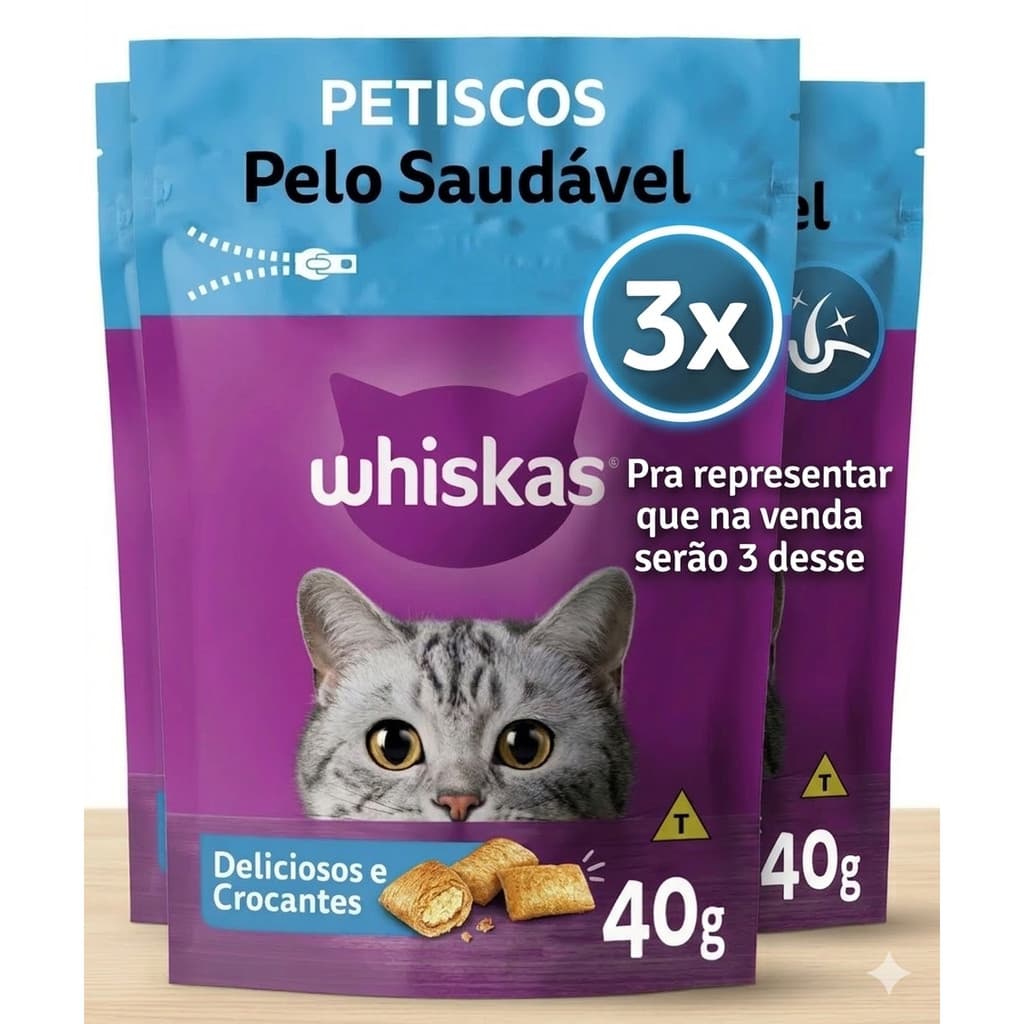 Kit Combo 3X Whiskas Petisco Pelo Saudavel 40g