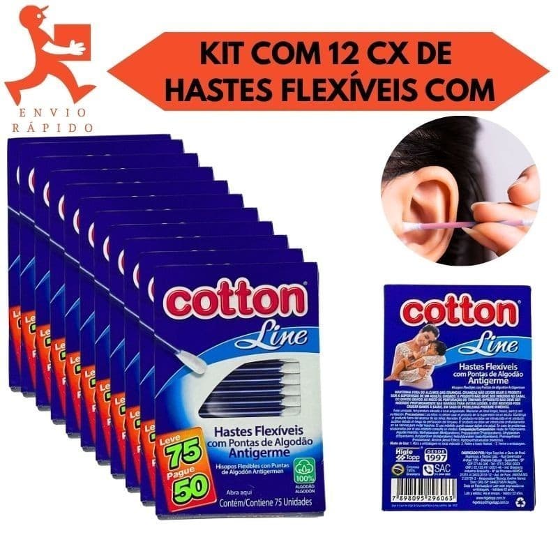12 Caixas de Hastes Flexíveis Pontas De Algodão Cotton Line 75 Unidades Cada