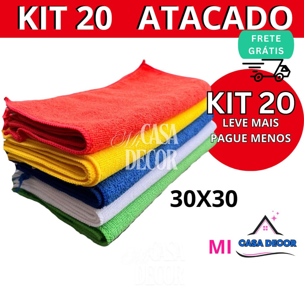 Kit 20 panos de limpeza microfibra alta absorção Premium multiuso 30x30cm não risca