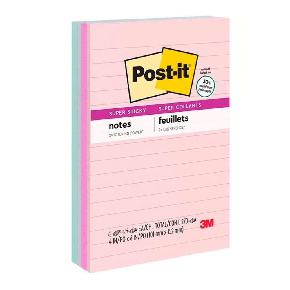 Bloco de notas adesivas Post-it pautado Reciclável 101x152mm 180 folhas 3M