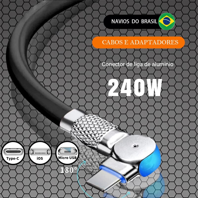 Cabo Carregador Para Carregamento Rápido Tipo C Micro USB iOS Suporta 180 ° Cabos Indicadores LED De Silicone De Rotação