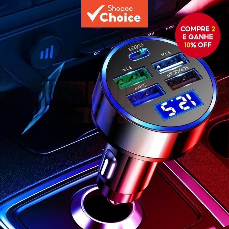  5 Portas Carregador de Carro USB PD QC3.0 USB C Carregador de Telefone para Carro Adaptador Tipo C para iPhone Samsung