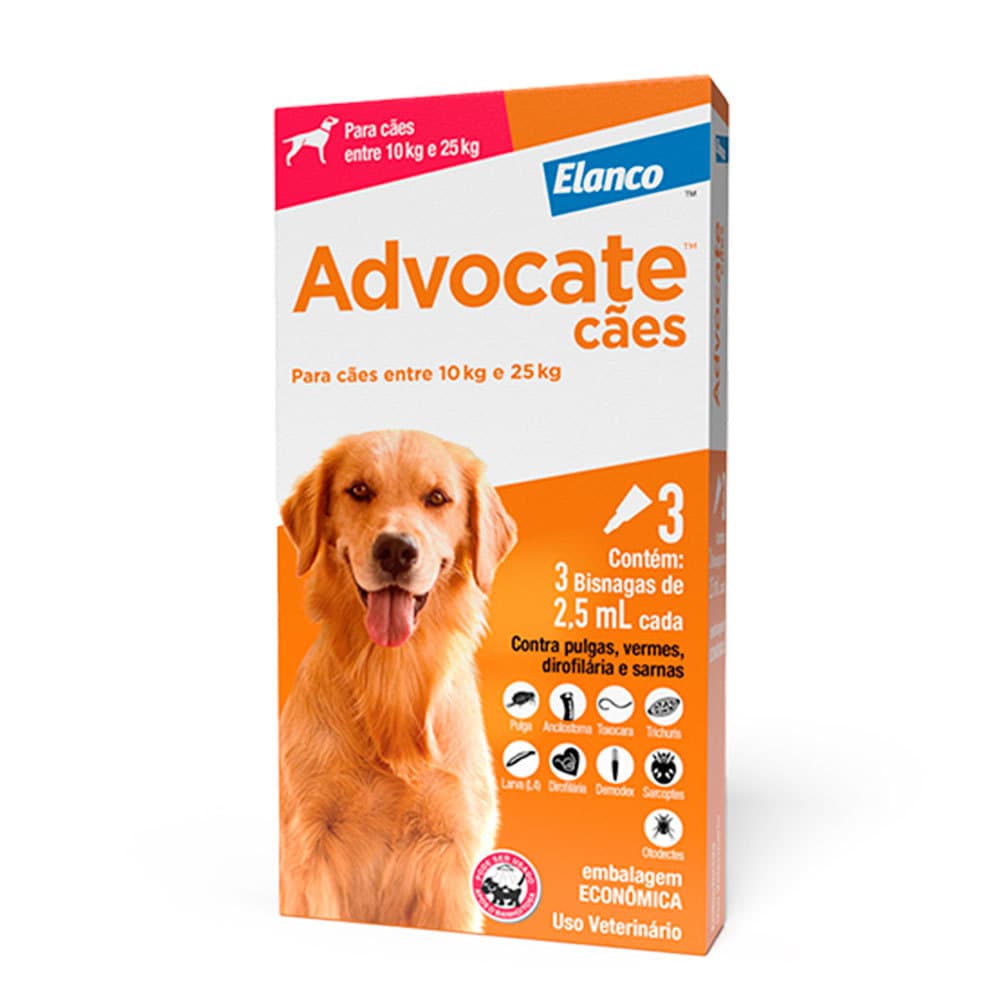 Advocate Cães 2,5ml Cães de 10 A 25 Kg 3 Pipetas - Elanco