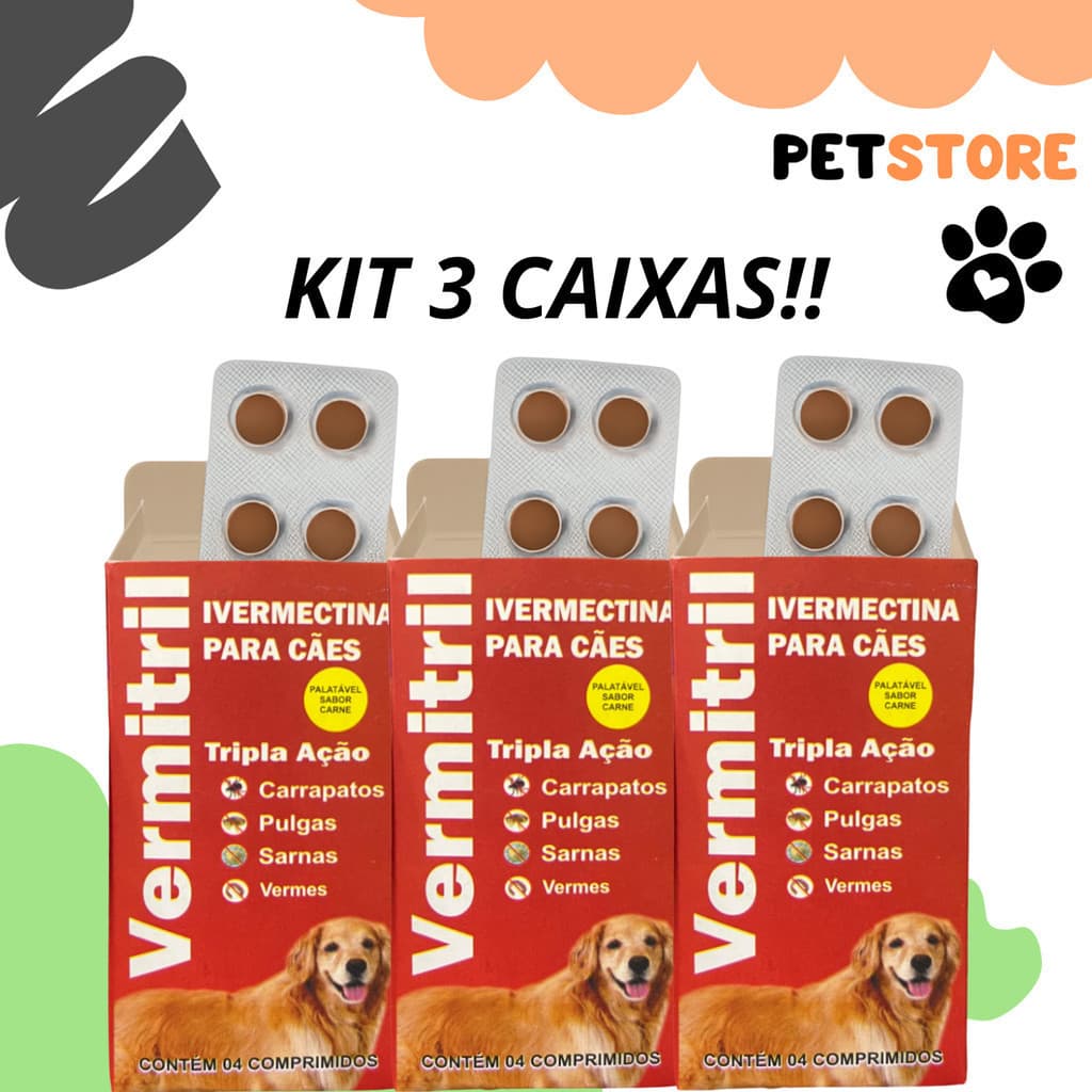 Vermitril Caes Anti Pulgas Carrapatos Vermes 12 Comprimidos 3mg Trata 15kg