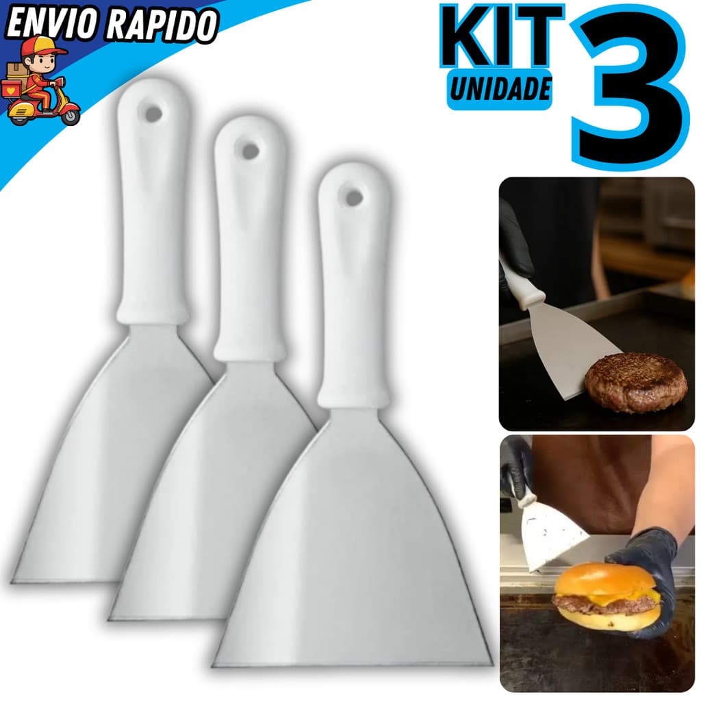 Kit 03 Espátula Reta N°4 em Inox Para Chapeiro Profissional Hamburguer Lanches Lanchonete Cozinha