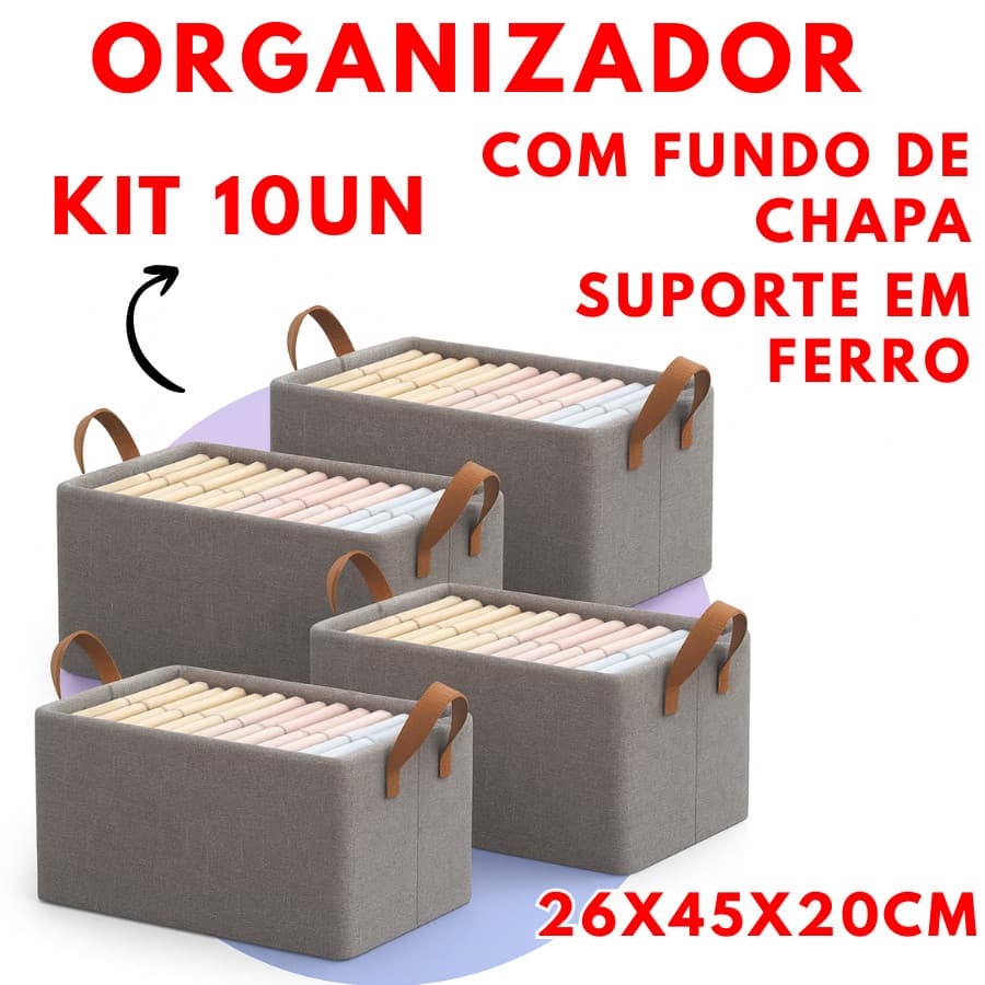 KIT 10 Unidades Organizador 26x45x20cm Para Multiuso Roupas Objetos Com Fundo Firme Suporte De Ferro