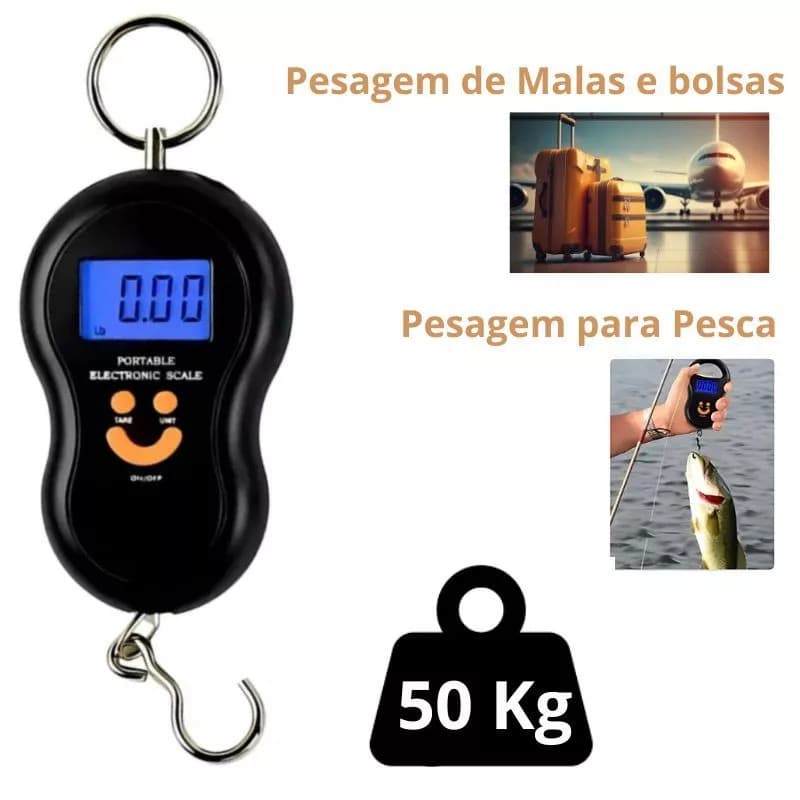 Balança Digital Com Gancho Pesca Bagagem Até 50 Kg Cor Preto