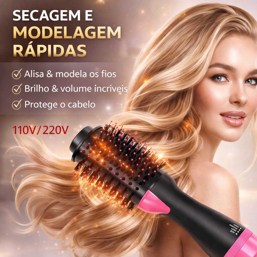 Escova Secadora 3 em 1 Profissional 1000W Bivolt – Seca, Alisa e Modela com Ar Quente