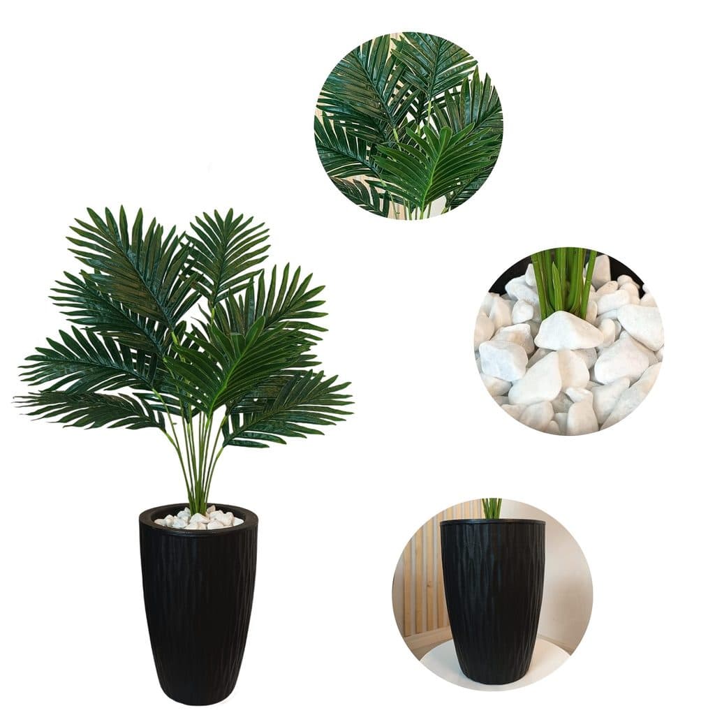 Planta Artificial Palmeira Com Vaso Ondulado Cone E Pedras