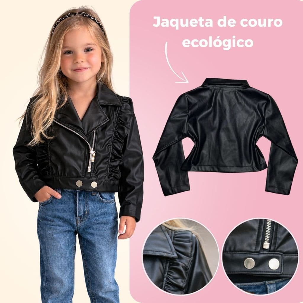 Jaqueta Feminina Infantil em Couro Ecologico com zíper Moderna 2 até 10 anos