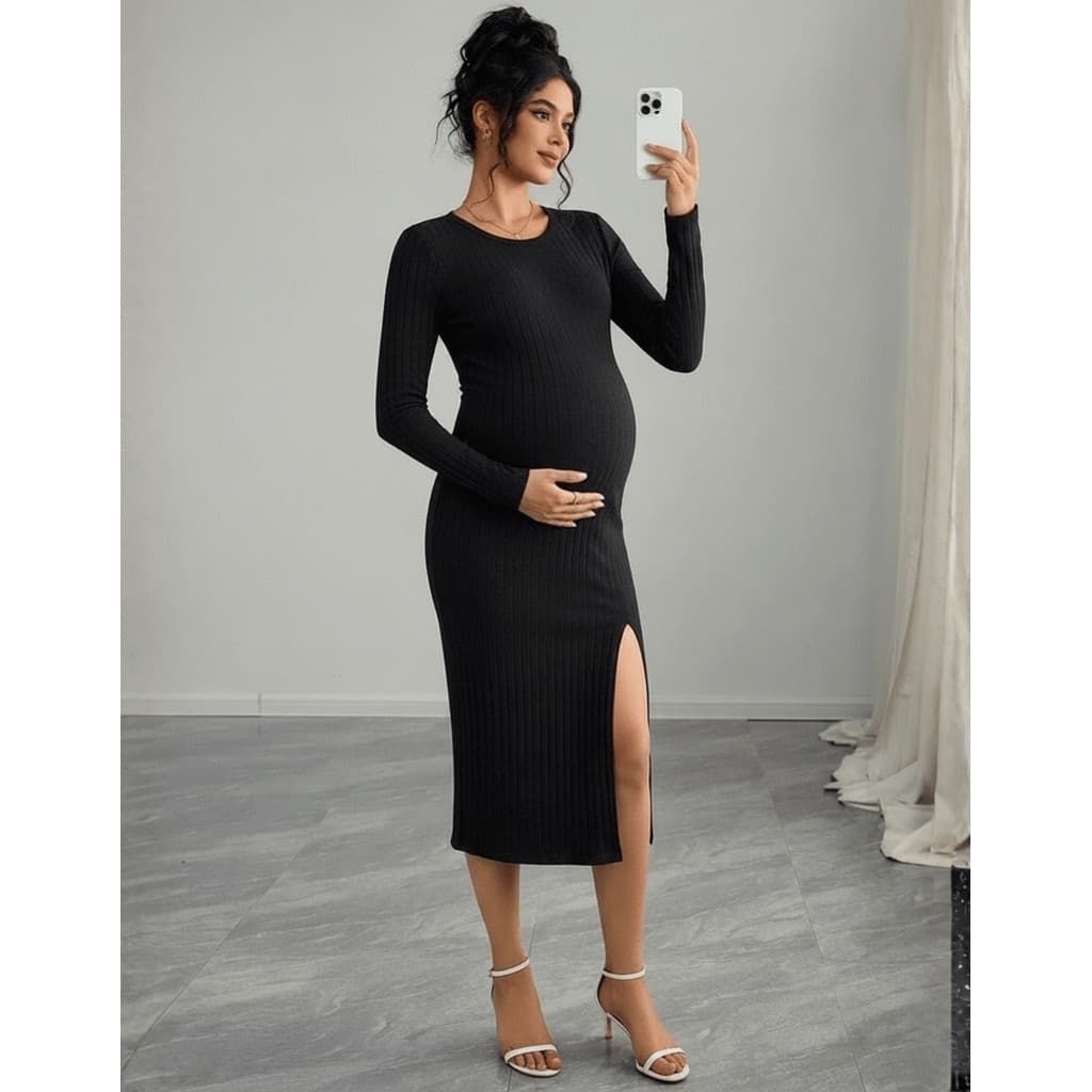 Vestido Gestante Midi Elegante Maternidade Manga Comprida Gravidez Casual Gestaçao Lia