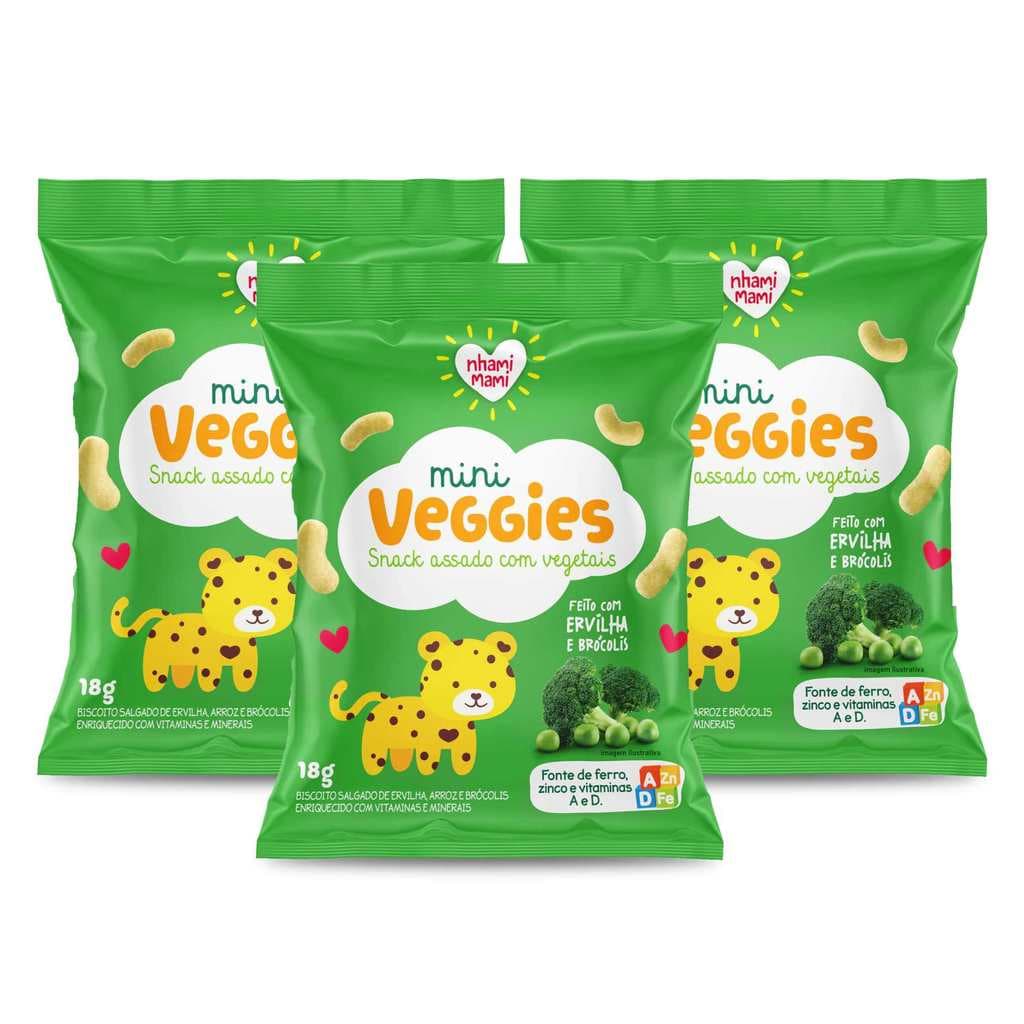 Kit Snack Infantil Sem Glúten Ervilha e Brócolis - Mini Veggies Nhami Mami 3 Unidades 18g