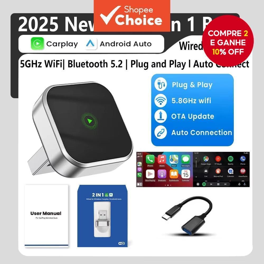  Adaptador sem fio 2 em 1 Carplay para Android iPhone Auto, de com fio a sem fio, caixa AI, conexão USB para Volvo Benz