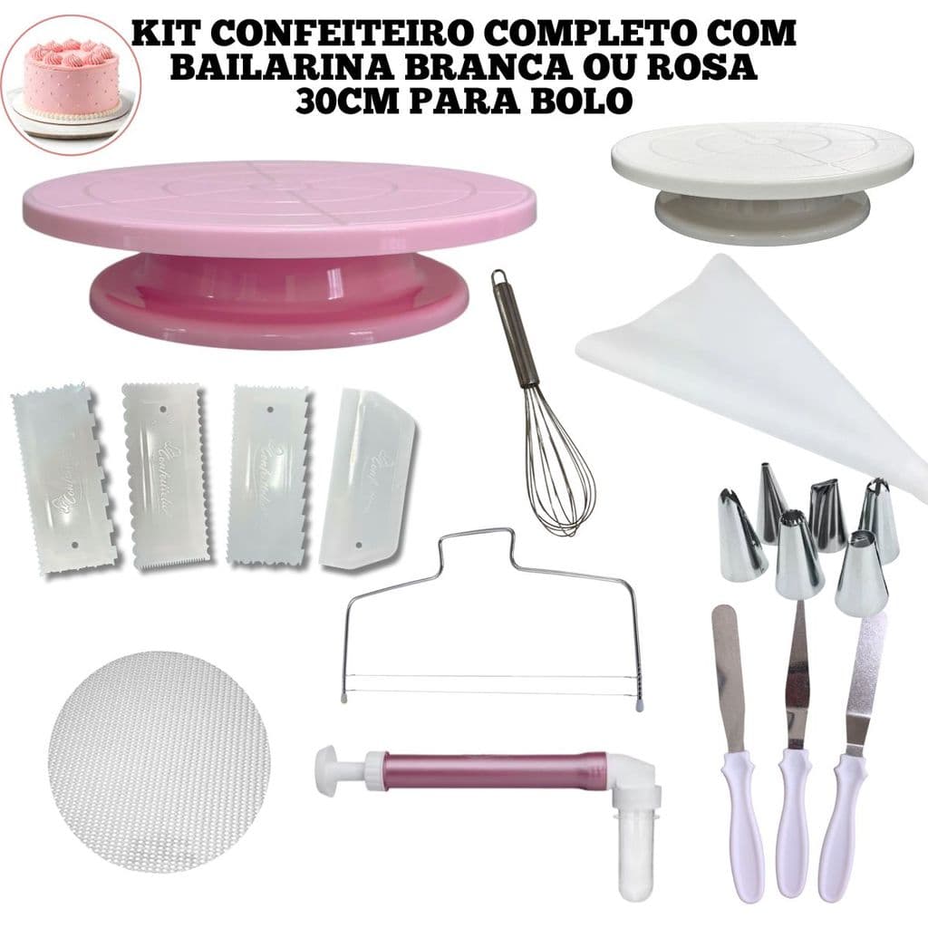 Kit Confeitaria com Bailarina 30cm Giratória Rosa Ou Branca Raspador Espátula Saco de Confeitar