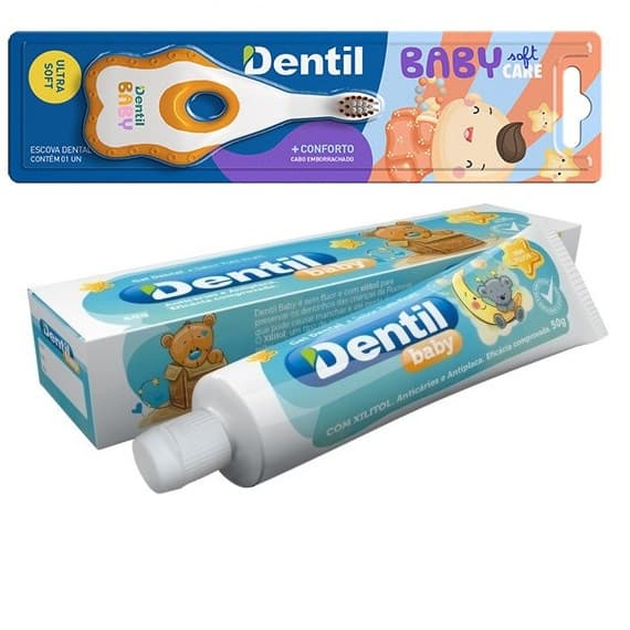 Kit Escova de Dente Baby Soft Care Macia Cabo Emborrachado e Gel Dental Dentil Baby