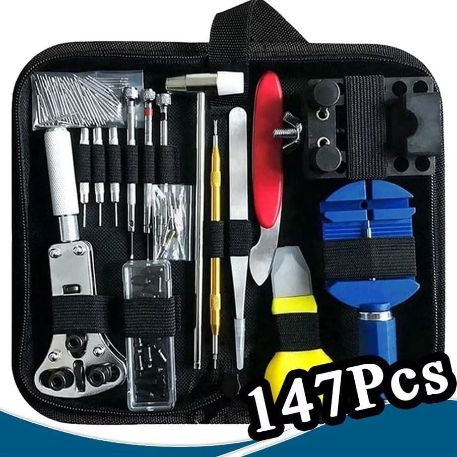 Conjunto de ferramentas para reparo de relógios com 147 peças, caixa ferramentas reparo.-ATACADAO-