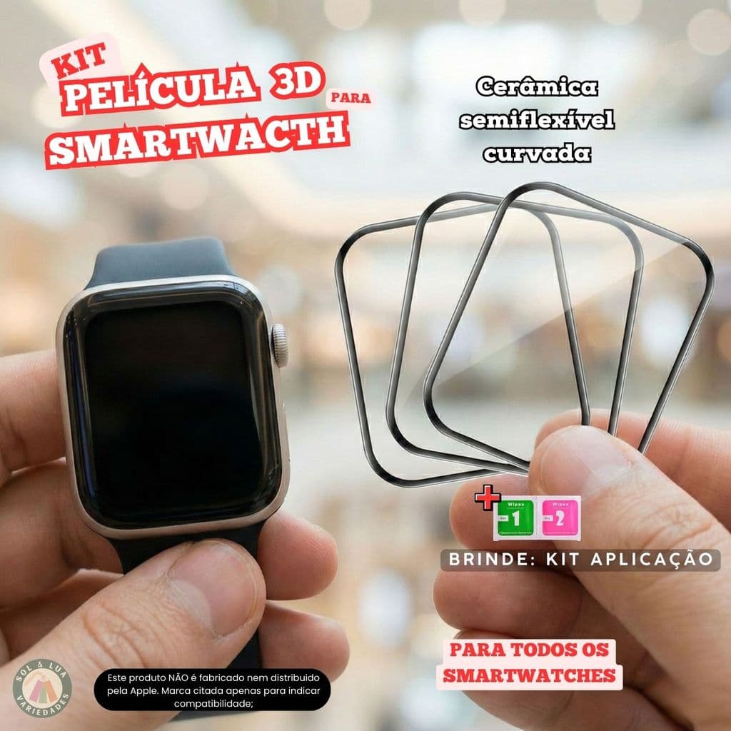 Kit Película Cerâmica 3D Curvada compatível com Smartwatch Apple Watch IWO 38 40 41 42 44 45 49mm