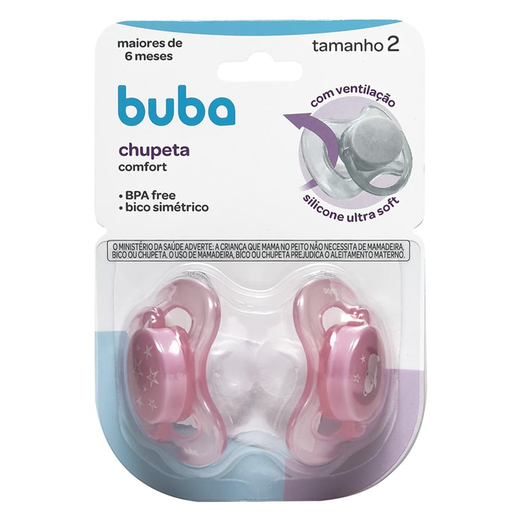 Kit 2 Chupeta Comfort Buba Tamanho 2 Ursinho/Estrela Rosa