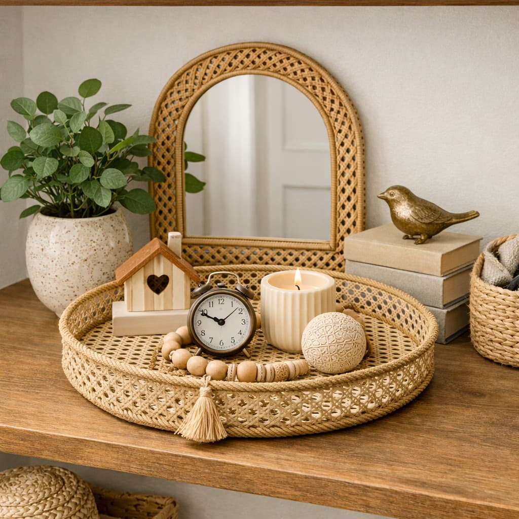 Bandeja decorativa para sala ou banheiro ou quarto estilo vime, rattan, redonda organizador multiuso