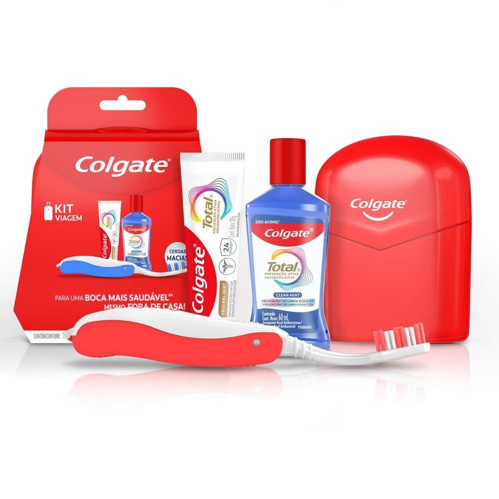 Kit Viagem Colgate 1 Creme Dental + 1 Enxaguante Bucal + 1 Escova Cerdas Macias