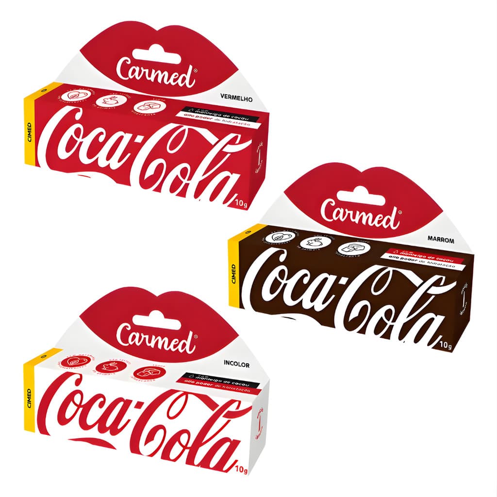 Carmed Hidratante Labial Coca-Cola Marrom, Incolor e Vermelho - Edição Limitada, Bisnaga 10g, Cheirinho de Coca-Cola