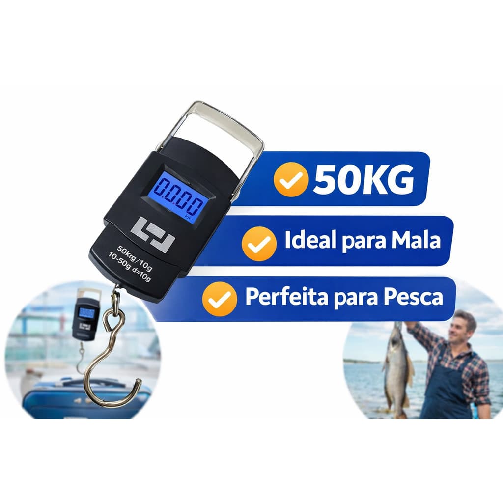 Balança Digital 50kg Portátil Gancho Mala Pesca Viagem
