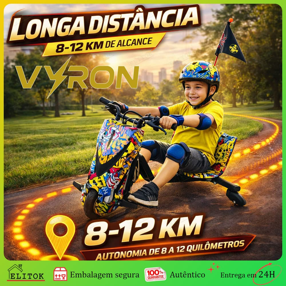 VYRON Triciclo Elétrico Drift Trike 250W LED Bluetooth 3 Velocidades Giro 360° Infantil e Adulto
