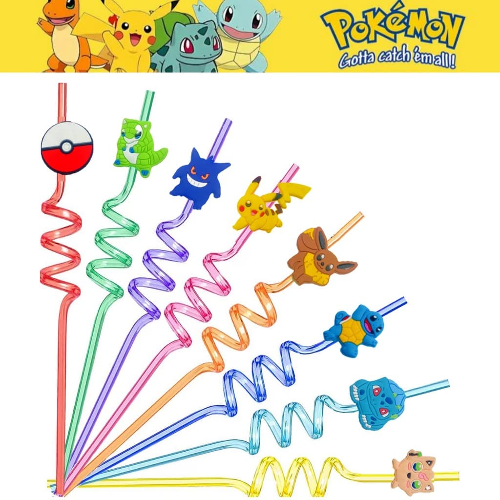 Canudos Reutilizáveis Com Tema Pokémon Go , 8 Peças , Canudo De Plástico Para Crianças , Suprimentos Festas