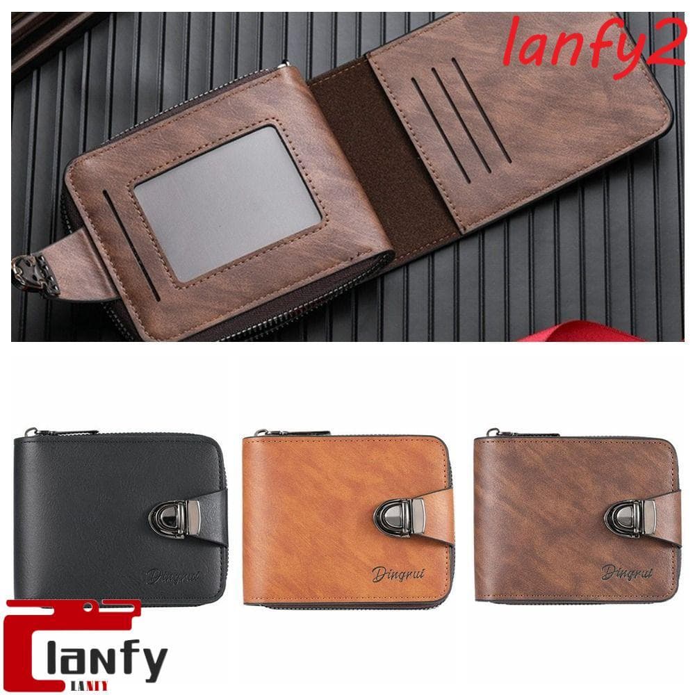 Carteira Masculina LANFY , Empresarial Com Zíper De Cor Sólida , Bolsa Dobrável Para Moedas De Couro Vários Compartiment