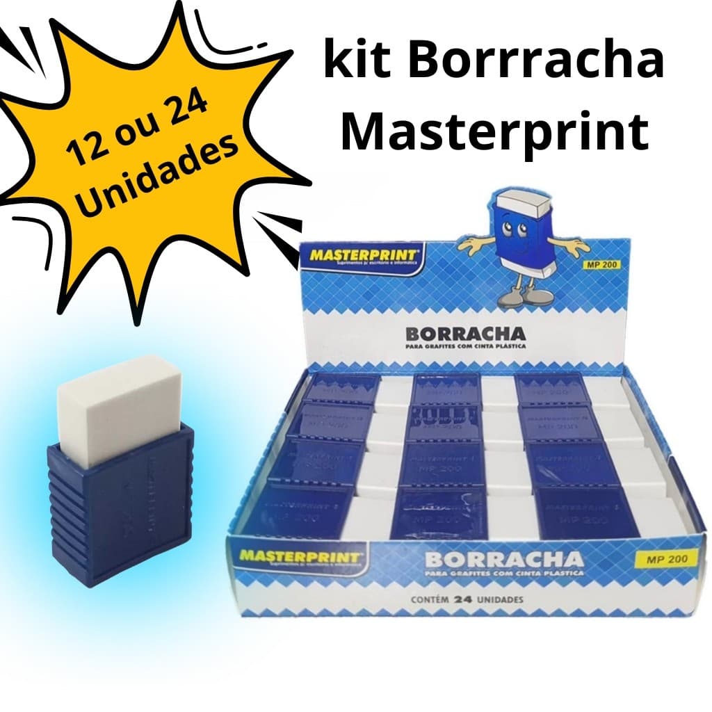 Kit 12 ou 24 Borrachas Branca Com Capa Azul | 12 ou 24 Unidades Escolar ou Escritório Masterprint