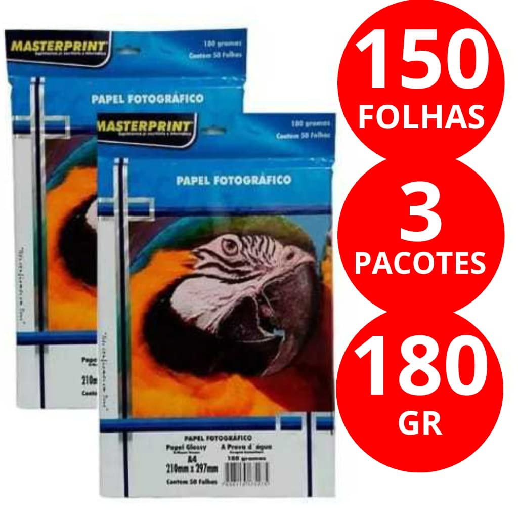 Papel Fotográfico 50/100/150 Folhas 180g A4 Glossy Brilhante à Prova D'água MASTERPRINT